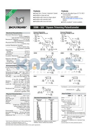 3386 datasheet - 3/8  Square Trimming Potentiometer