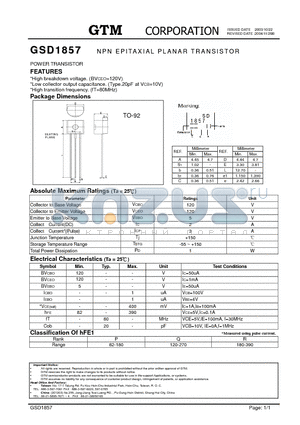 GSD1857 datasheet - NPN EPITAXIAL PLANAR TRANSISTOR