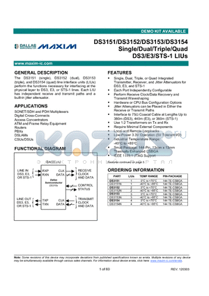DS3151 datasheet - Single/Dual/Triple/Quad DS3/E3/STS-1 LIUs