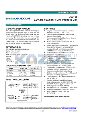 DS3150 datasheet - 3.3V, DS3/E3/STS-1 Line Interface Unit