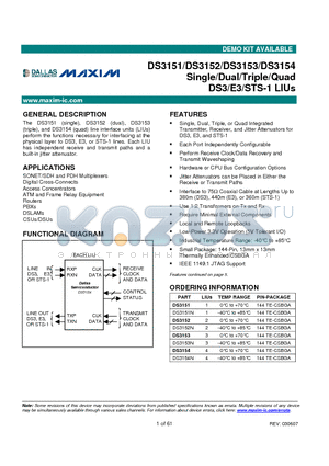 DS3151 datasheet - Single/Dual/Triple/Quad DS3/E3/STS-1 LIUs