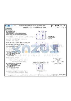 33818 datasheet - TRANSFORMER ADSL CUSTOMER PREMISE