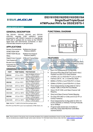 DS3163 datasheet - Single/Dual/Triple/Quad ATM/Packet PHYs for DS3/E3/STS-1