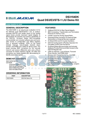 DS3154DK datasheet - Quad DS3/E3/STS-1 LIU Demo Kit