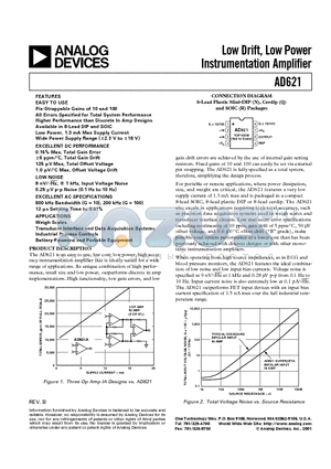 AD621AN datasheet - Low Drift, Low Power Instrumentation Amplifier