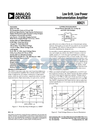 AD621A datasheet - Low Drift, Low Power Instrumentation Amplifier