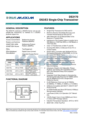 DS3170N datasheet - DS3/E3 Single-Chip Transceiver