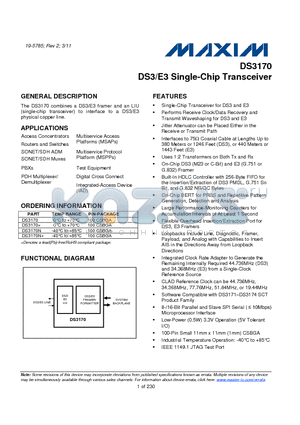 DS3170N datasheet - DS3/E3 Single-Chip Transceiver Single-Chip Transceiver for DS3 and E3
