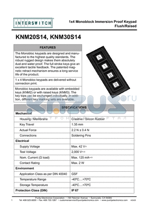 KNM20S14 datasheet - 1x4 Monoblock Immersion Proof Keypad