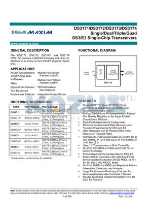 DS3171N datasheet - Single/Dual/Triple/Quad DS3/E3 Single-Chip Transceivers