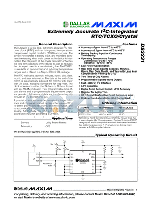 DS3231 datasheet - Extremely Accurate I2C-Integrated RTC/TCXO/Crystal
