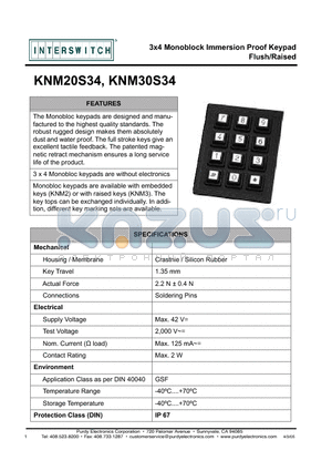 KNM20S34 datasheet - 3x4 Monoblock Immersion Proof Keypad