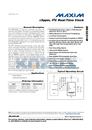 DS3231M datasheet - 5ppm, I2C Real-Time Clock Battery Backup for Continuous Timekeeping