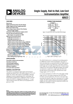 AD623ARMZ-REEL7 datasheet - Single-Supply, Rail-to-Rail, Low Cost Instrumentation Amplifier