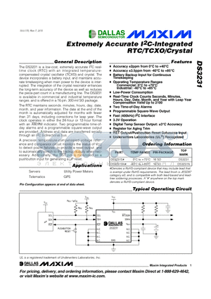 DS3231S datasheet - Extremely Accurate I2C-Integrated RTC/TCXO/Crystal