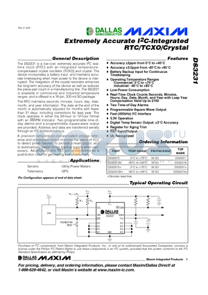 DS3231S+ datasheet - Extremely Accurate I2C-Integrated RTC/TXO/Crystal