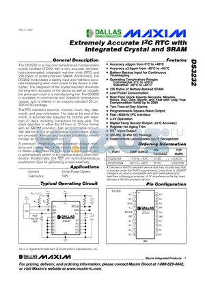 DS3232 datasheet - Extremely Accurate I2C RTC with Integrated Crystal and SRAM