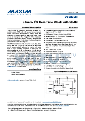 DS3232M datasheet - a5ppm, I2C Real-Time Clock with SRAM