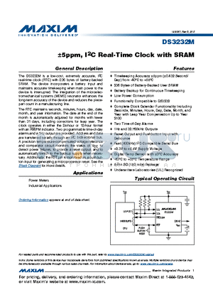 DS3232M datasheet - a5ppm, I2C Real-Time Clock with SRAM