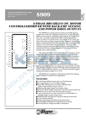 8909 datasheet - 3-PHASE BRUSHLESS DC MOTOR CONTROLLER/DRIVER WITH BACK-EMF SENSING AND POWER DMOS OUTPUTS