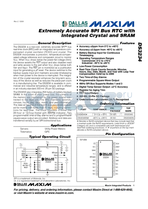 DS3234 datasheet - Extremely Accurate SPI Bus RTC with Integrated Crystal and SRAM