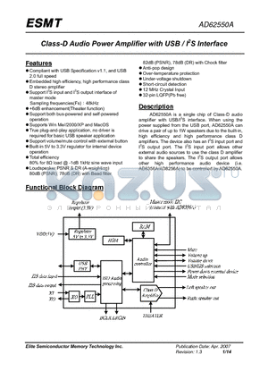 AD62550A datasheet - Class-D Audio Power Amplifier with USB / I2S Interface