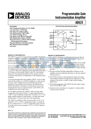 AD625J datasheet - Programmable Gain Instrumentation Amplifier