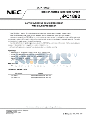 1892 datasheet - MATRIX SURROUND SOUND PROCESSOR WITH SOUND PROCESSOR