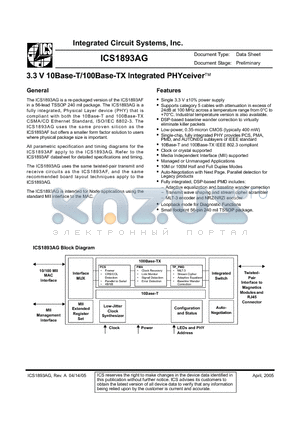 1893AGILF datasheet - 3.3 V 10Base-T/100Base-TX Integrated PHYceiver-TM