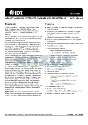 1894-40KLF datasheet - 10BASE-T/100BASE-TX INTEGRATED PHYCEIVER WITH RMII INTERFACE
