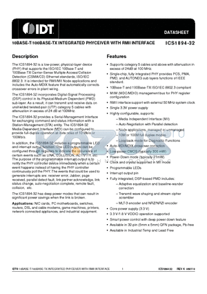 1894K-32LFT datasheet - 10BASE-T/100BASE-TX INTEGRATED PHYCEIVER WITH RMII INTERFACE