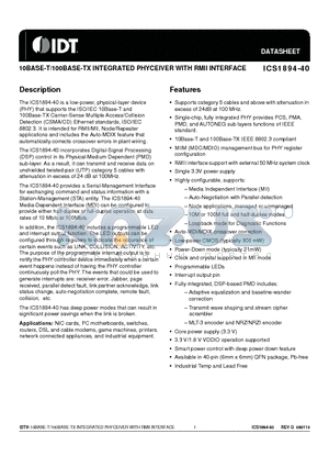 1894K-40LFT datasheet - 10BASE-T/100BASE-TX INTEGRATED PHYCEIVER WITH RMII INTERFACE