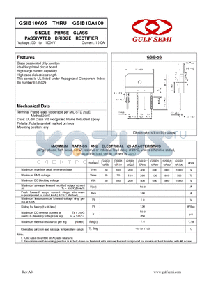 GSIB10A10 datasheet - SINGLE PHASE GLASS PASSIVATED BRIDGE RECTIFIER Voltage: 50 to 1000V Current: 10.0A