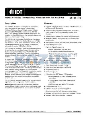 1894KI-32LF datasheet - 10BASE-T/100BASE-TX INTEGRATED PHYCEIVER WITH RMII INTERFACE