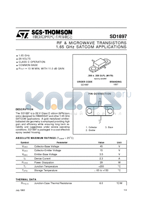 1897 datasheet - RF & MICROWAVE TRANSISTORS 1.65 GHz SATCOM APPLICATIONS