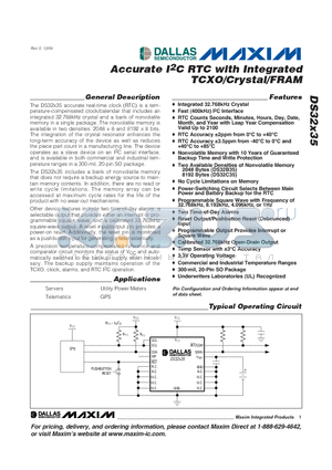 DS32C35 datasheet - Accurate I2C RTC with Integrated TCXO/Crystal/FRAM