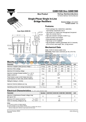 GSIB1560 datasheet - Single-Phase Single In-Line Bridge Rectifiers