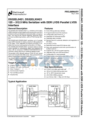 DS32EL0421 datasheet - 125 - 312.5 MHz Serializer with DDR LVDS Parallel LVDS Interface