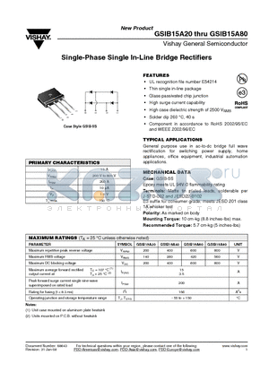 GSIB15A60 datasheet - Single-Phase Single In-Line Bridge Rectifiers