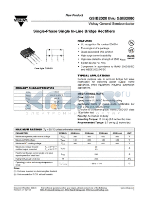 GSIB2020 datasheet - Single-Phase Single In-Line Bridge Rectifiers