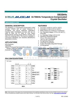 DS32KHZ/DIP datasheet - 32.768kHz Temperature-Compensated Crystal Oscillator