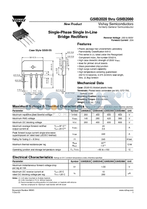 GSIB2020 datasheet - Single-Phase Single In-Line Bridge Rectifiers