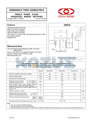 GSIB25100-E datasheet - SINGLE PHASE GLASS PASSIVATED BRIDGE RECTIFIER Voltage: 600V to 1000V Current: 25.0A