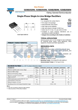 GSIB2520N datasheet - Single-Phase Single In-Line Bridge Rectifiers