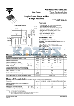 GSIB2560 datasheet - Single-Phase Single In-Line Bridge Rectifiers