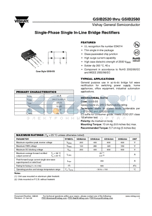 GSIB2560 datasheet - Single-Phase Single In-Line Bridge Rectifiers