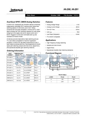 HI-201 datasheet - Dual/Quad SPST, CMOS Analog Switches