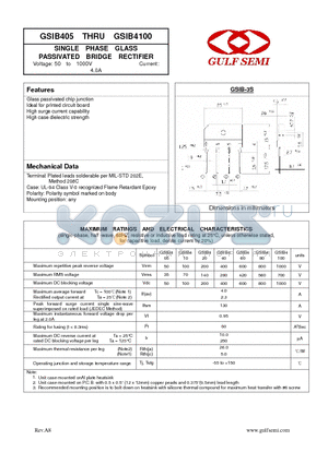 GSIB405 datasheet - SINGLE PHASE GLASS PASSIVATED BRIDGE RECTIFIER Voltage: 50 to 1000V Current: 4.0A