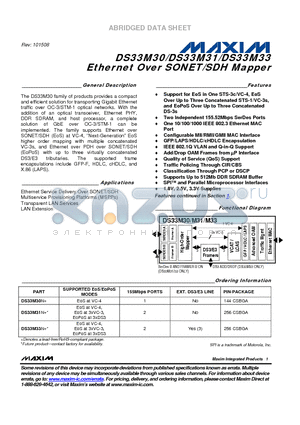 DS33M30 datasheet - Ethernet Over SONET/SDH Mapper