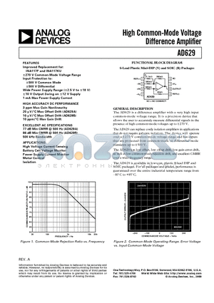 AD629 datasheet - High Common-Mode Voltage Difference Amplifier